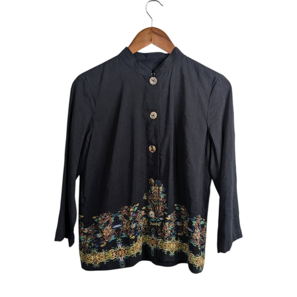 Citron Dragon Tunic Blouse Top Medium Black Silk Linen Black Art to Wear Asian